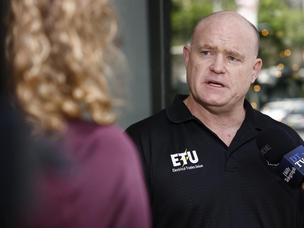 ETU NSW/ACT Secretary Allen Hicks outside the Fair Work Commission on William Street in Sydney on Monday. Picture: Richard Dobson