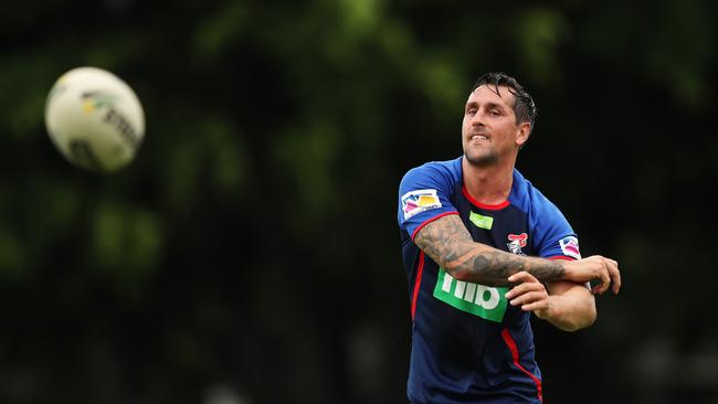 Mitchell Pearce will run out in Knights colours for the first time. Picture: Brett Costello