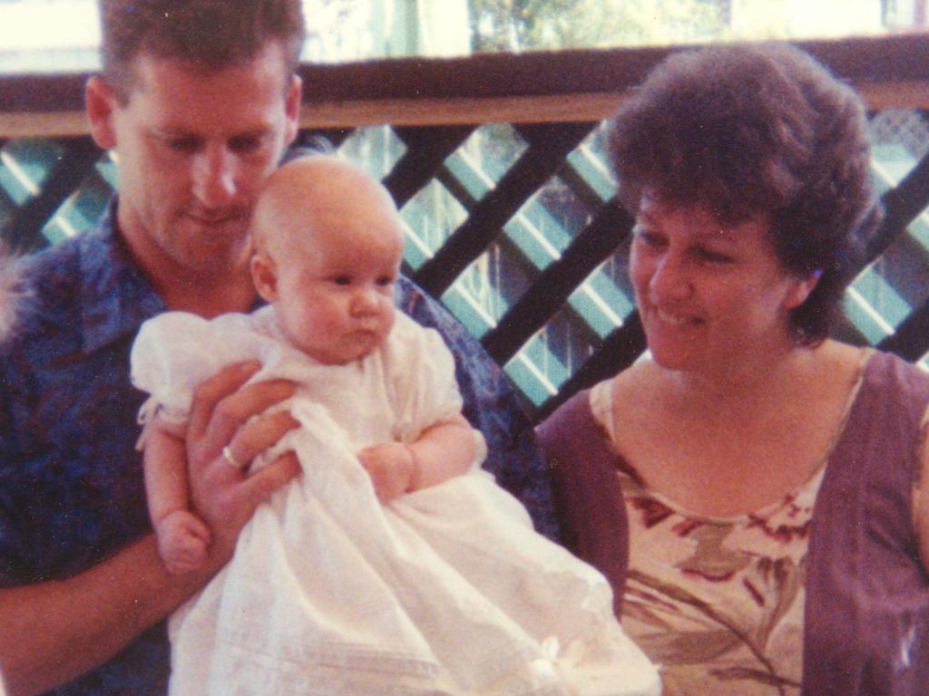 Sarah Folbigg with parents Kathleen and Craig at her naming ceremony. Ms Folbigg has been in jail for 19 years after being found guilty of murder in 2003.