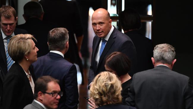 Former minister for Home Affairs Peter Dutton leaves after a division in the House of Representatives on Wednesday. Picture: AAP