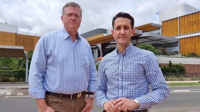 State Opposition Leader David Crisafulli and Toowoomba North MP Trevor Watts stands outside Grand Central Shopping Centre, the scene of where an elderly man was allegedly assaulted in broad daylight on Monday.