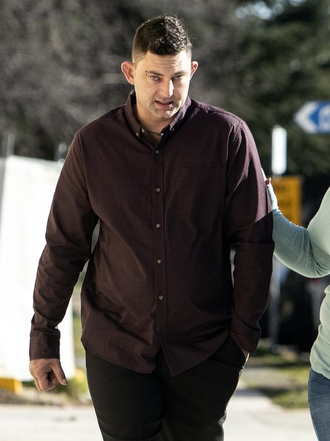 Ashley Sorenson, 34, arrives at the Queanbeyan Magistrate Court where he was sentenced for the torture and killing of three kangaroos at Tura Beach last year. Picture: Gary Ramage