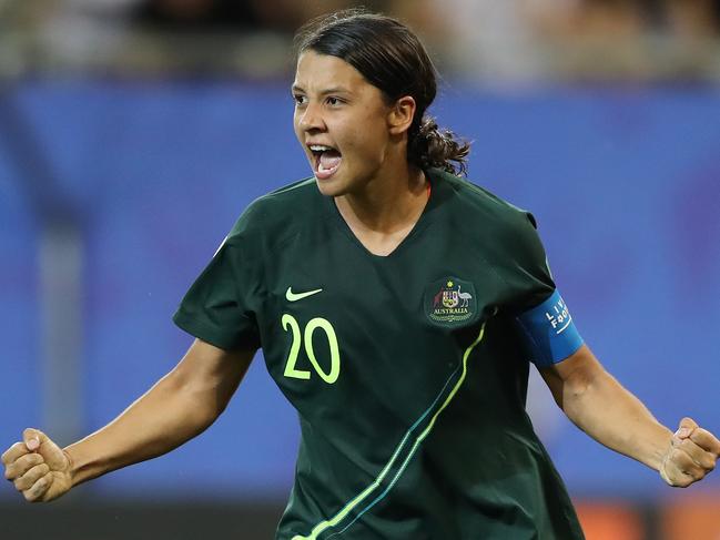 Matildas captain Sam Kerr celebrates her fourth goal against Jamaica on Wednesday. Picture: Getty Images