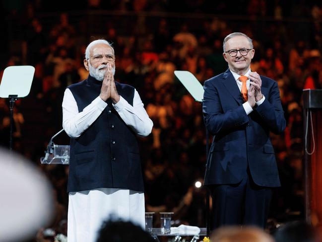 SYDNEY, AUSTRALIA - NewsWire Photos MAY 23, 2023: An Indian Cultural and community event at Sydney Olympic Park tonight to welcome the Indian Prime Minister Narendra Modi to Australia. Australian Prime Minister Anthony Albanese introduced Modi to the crowd. Picture: NCA NewsWire / David Swift