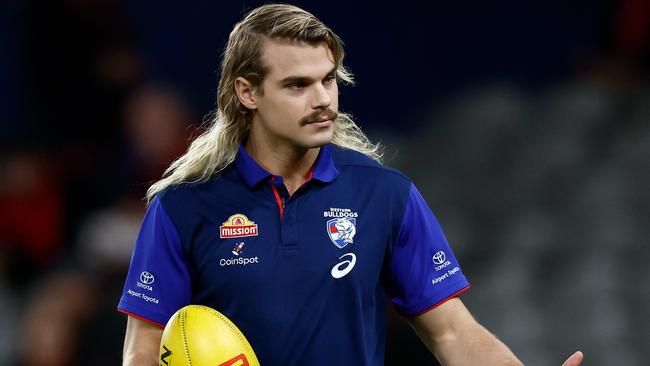 MELBOURNE, AUSTRALIA - APRIL 12: Bailey Smith of the Bulldogs gicves the thumbs up during the 2024 AFL Round 05 match between the Western Bulldogs and the Essendon Bombers at Marvel Stadium on April 12, 2024 in Melbourne, Australia. (Photo by Michael Willson/AFL Photos via Getty Images)