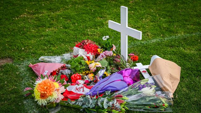 Tributes for Birdwood football player at Gumeracha Oval. Picture: NCA NewsWire / Naomi Jellicoe