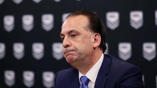 SYDNEY, AUSTRALIA - MARCH 24: ARLC Chairman Peter Vlandys speaks to the media during an NRL press conference at NRL headquarters on March 24, 2020 in Sydney, Australia. (Photo by Matt King/Getty Images)