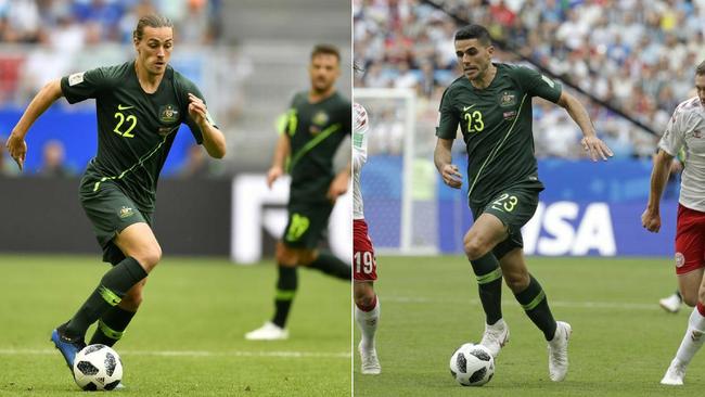 The battle for 'number 10' is between (L-R) Jackson Irvine and Tom Rogic. Picture: Getty