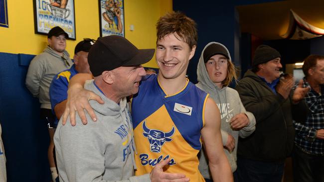 Noble Park champion Kyle Martin with assistant coach Andrew Sharp.