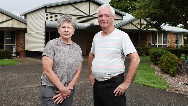Cairns Regional Council has proposed a change of classification of general rates to retirement villages, placing them in the same category as freehold units and apartments, and increasing the rates of each dwelling by up to 800 percent. Kevin McRae, 72, and Colleen Duplock, 71, from The Parks Retirement Village say the proposed rates hike could leave many vulnerable residents homeless. Picture: Brendan Radke
