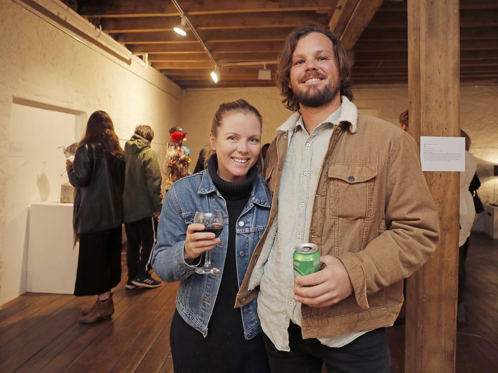 <p>Lucy Edgington, of South Hobart, and Lachlan Van Balen, of South Hobart at the launch of Albuera Street Primary School and Selena de Carvalhoof&rsquo;s exhibition Rubbish Ideas at the Salamanca Arts Centre. Picture: PATRICK GEE</p>