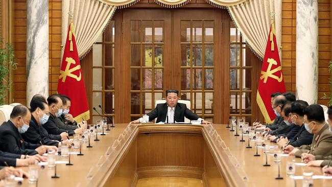 im Jong-un presides over a meeting of the Workers Party of Korea in Pyongyang. Picture: Korean Central News agency via AFP