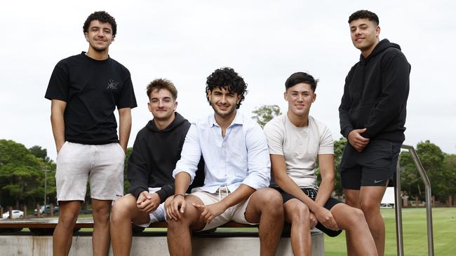 At St Patricks College in Strathfield, Year 12 students Michael Sakr (right) with classmates Anthony Loulach, Tadhg Murphy, Marcus Abal and Callum O’Neill all finished with an ATAR above 90. Picture: Richard Dobson