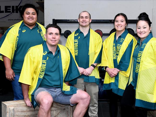 Weightlifters (from left) Charisma Amoe-Tarrant, Matthew Lydement, Brandon Wakeling, Kiana Elliott and Erika Yamasaki will represent Australia at the Tokyo Olympics. Picture: Bradley Kanaris/Getty Images for the Australian Olympic Committee