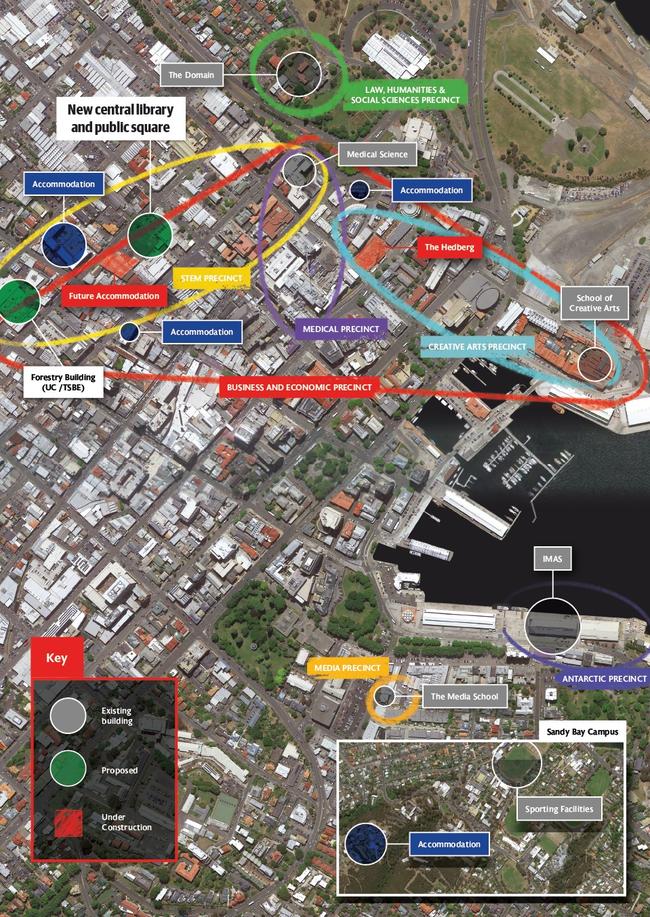 A map showing the proposed new University of Tasmania precincts.