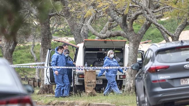 Forensic police and detectives investigate the scene of an alleged death in custody in Stone St Wilsonton. Thursday, October 7, 2021. Picture: Nev Madsen.