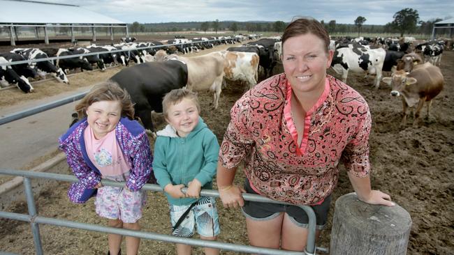 Moving ahead: Rachael Parkes, with her children Emily, 7, and Jack, 5, runs Queensland’s biggest dairy at Ellangowan.