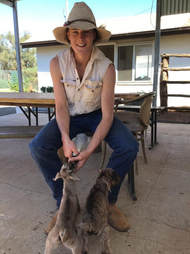 Year 12 student Charlie Mort is now back at home on the family’s goat farm in western NSW, near Bourke. He was a boarder at Geelong Grammar but decided to finish school with an unscored VCE due to the stress of border closures. Picture: Supplied