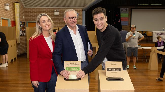 Anthony Albanese with partner Jodie Haydon and son Nathan Albanese. Picture: Jason Edwards / NewsWire