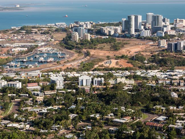 An aerial photo of Darwin, the capital city of the Northern Territory of Australia showing the central business district and nearby suburbs of Stuart Park, Tipperary Waters, Bayview and the Frances Bay Mooring Basin