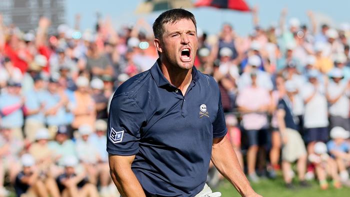 LOUISVILLE, KENTUCKY - MAY 19: Bryson DeChambeau of the United States reacts on the 18th green during the final round of the 2024 PGA Championship at Valhalla Golf Club on May 19, 2024 in Louisville, Kentucky. (Photo by Andy Lyons/Getty Images)