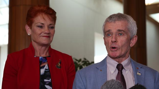 Senator Pauline Hanson joined Malcolm Roberts at a press conference after the High Court handed down its decision. Picture Gary Ramage