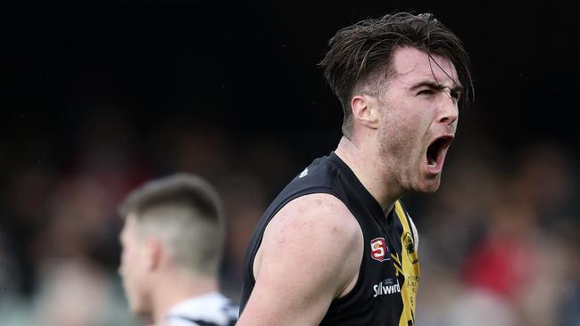 Liam McBean celebrates his second goal of the SANFL grand final. Picture: Sarah Reed.