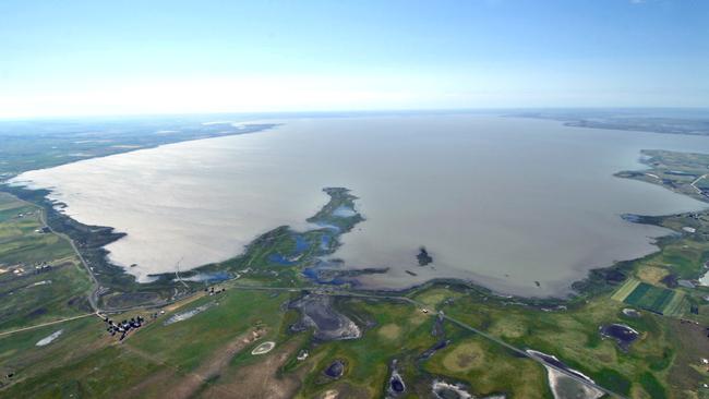 An aerial view of Lake Alexandrina.