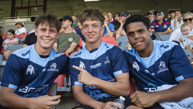 Western Clydesdales Cyril Connell Cup players (from left) Brodie Hilt, Braithen Scott and Shaun Elara after their trial match against the Sunshine Coast Falcons. Picture: Kevin Farmer