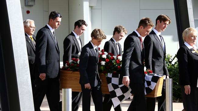 Sir Jack Brabham’s funeral at the Southport Church of Christ - Sir Jack Brabham's grandsons act as pallbearers (L-R) Jason Brabham 26 ,Lachlan Brabham 18 , William Brabham 14 , Finn Brabham 14 , Sam Brabham 19 and Matthew Brabham 20