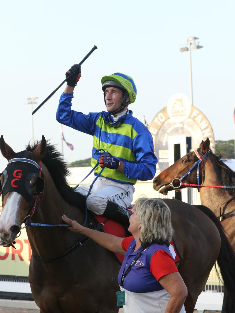 Victory as Gary Clarke trained Ã&#146; Playoffs Ã&#146; ridden by Jarrod Todd scores an emotional win in the Great Northern Darwin Cup. Picture: Glenn Campbell