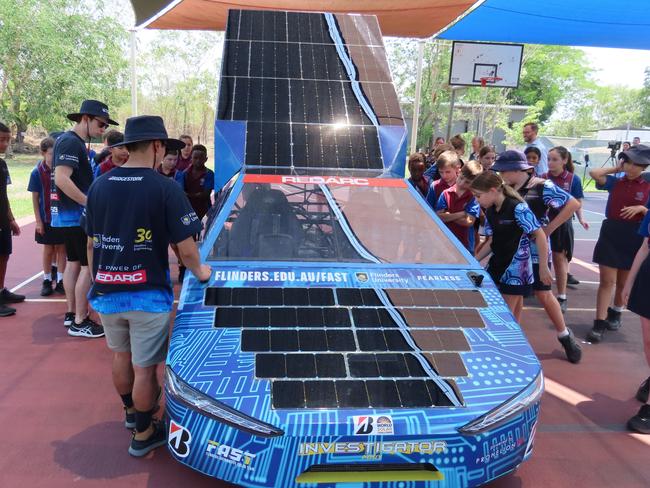 The Flinders University cruiser class solar electric car with its boot lifted upwards towards the sun, Monday, October 16, 2023. Picture: Darcy Jennings.