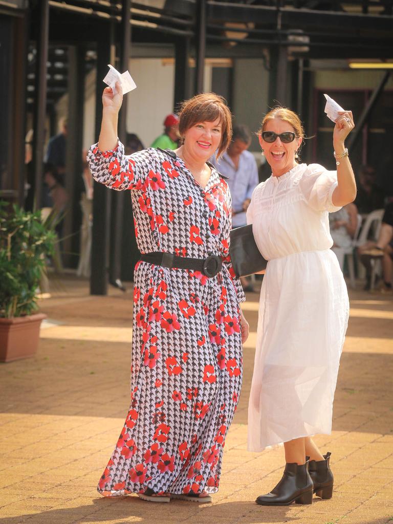 Michelle Gatton and Ali Warwick at the 2021 Darwin Cup Carnival Derby Day. Picture: Glenn Campbell