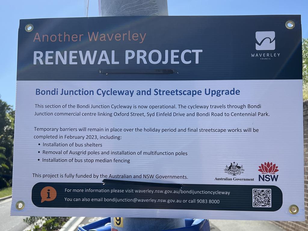 A sign attached to the pole signals it could be there until February – but the cycleway is nonetheless open. Picture: Supplied.