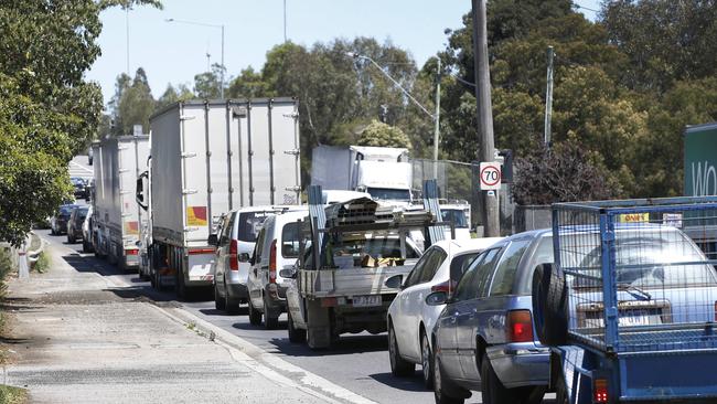 Traffic banked up on Bulleen Road trying to get onto the Eastern Freeway. Picture: David Caird