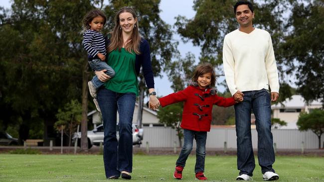 Doctors Arwen Boyle and Hemant Garg with their two sons Findlay, 3, and Edryd, 5, in Como, Perth. Picture: Colin Murty