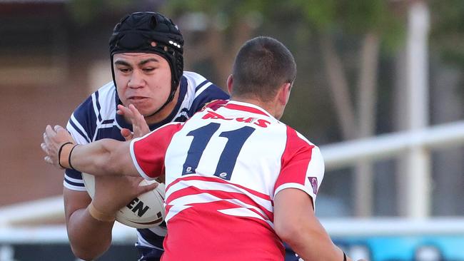 Langer Cup: PBC host St Mary's Toowoomba at Burleigh Bears Rugby League Club at Pizzey Park Miami. St marys Xavier Va'a wrapped up by PBC's Ezra Ulbadino. Picture Glenn Hampson