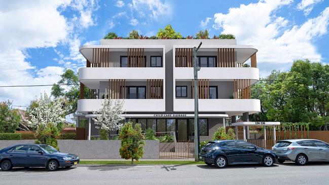 An artist impression for a ground-floor childcare centre and apartments at 134-136 Thomas St, Parramatta.