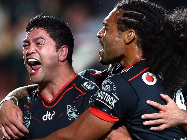 AUCKLAND, NEW ZEALAND - APRIL 20:  Issac Luke celebrates his try during the round seven NRL match between the New Zealand Warriors and the St George Illawarra Dragons at Mt Smart Stadium on April 20, 2018 in Auckland, New Zealand.  (Photo by Renee McKay/Getty Images)