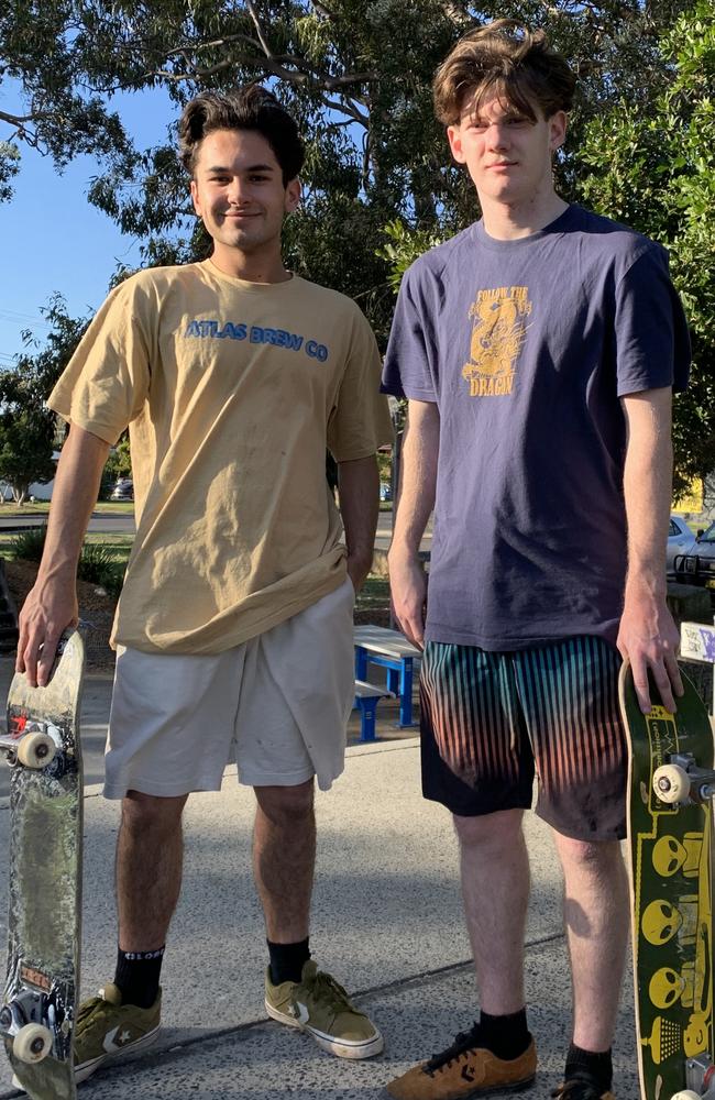 Fynn Robins and Isaac Fowler said parents “don’t care” what their kids get up to when they leave them at skate parks. Picture: Matt Gazy