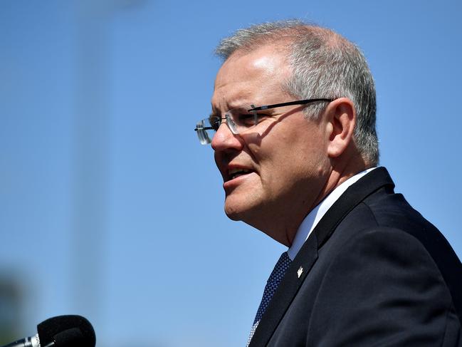 Prime Minister Scott Morrison speaks during a commissioning ceremony for HMAS Brisbane in Sydney, Saturday, October 27, 2018. (AAP Image/Joel Carrett) NO ARCHIVING