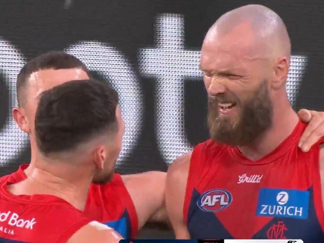 Max Gawn and Steven May face off after the final siren at the King's Birthday clash on Monday. R13
