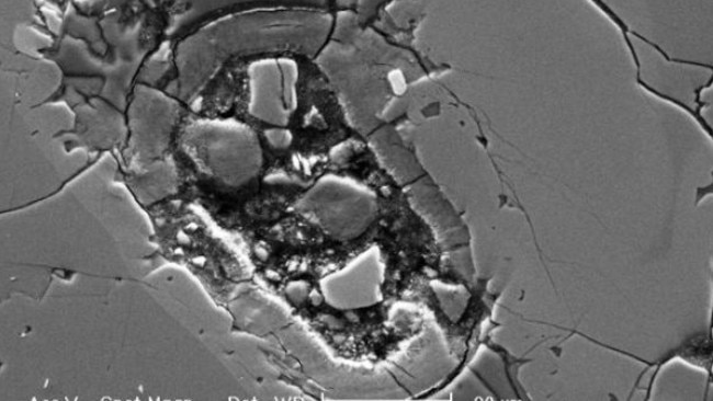 Signs of life...Electron microscope image of a mysterious oval structure in the Nakhla Mars meteorite. Picture: Williamson Research Centre