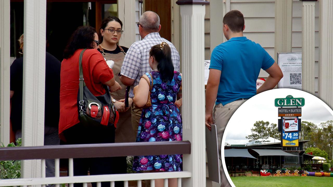 Patrons arrive at The Glen Hotel. The hotel, pictured inset, had to send most staff into quarantine last week. Picture: David Clark