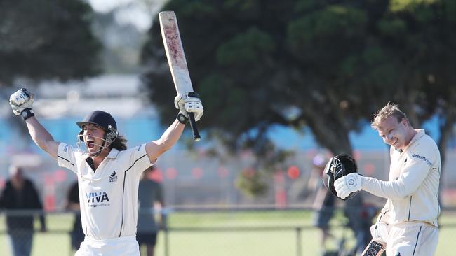 Cricket GCA1 Grand Final. East Belmont v North Geelong. North Geelong batsman Sam Hall raises his bat to celebrate the win over East Belmont Picture: Mark Wilson