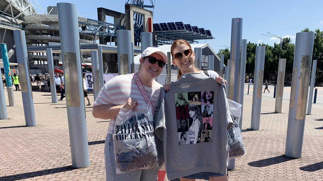 Friends Claire (L) and Charlotte have come all the way from New Zealand to see Taylor Swift, spending about $1000 combined on Thursday. Picture: Clareese Packer