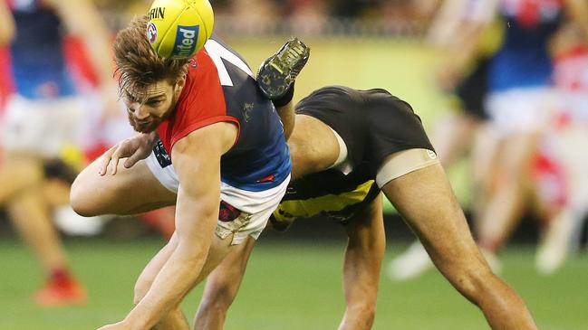 Demon Jack Viney won’t soon forget this encounter with Stack. Picture: Michael Klein