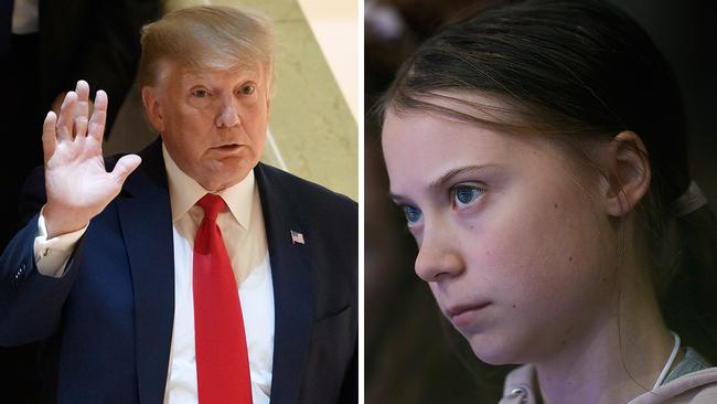 Donald Trump waves to photographers at the World Economic Forum at Davos (left); teenage climate activist Greta Thunberg listens to Mr Trump's speech. Pictures: Agencies