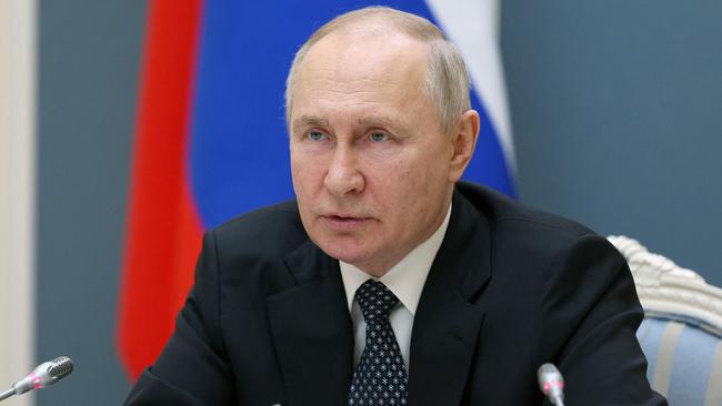 Russian President Vladimir Putin chairs a Security Council meeting via a video link in Moscow on April 5, 2023. Picture: Sputnik / AFP.