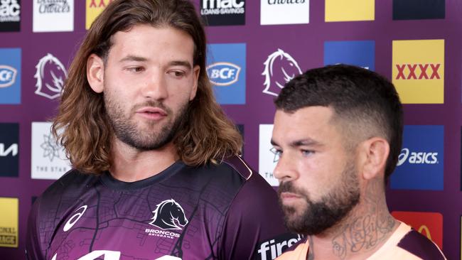 Patrick Carrigan &amp; Adam Reynolds at a press conference before training, Clive Berghofer Field, Red Hill, Brisbane, on Tuesday 13th February 2024 - Photo Steve Pohlner